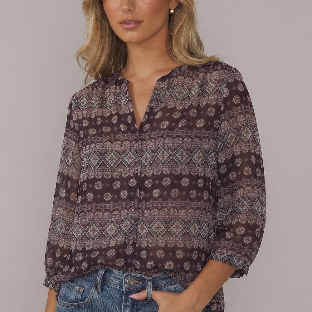 Collective Concepts Popover Boho Earthy 3/4 Sleeve Sheer Blouse Size Small